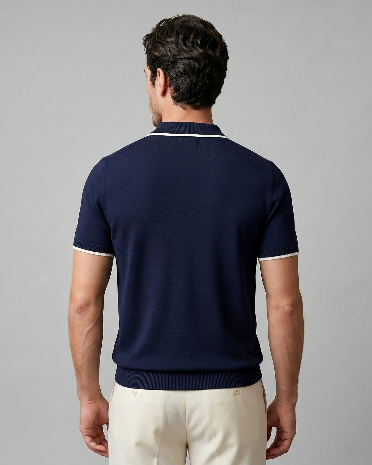 Men's Open-Collar Knit Polo Shirt Contrast Tipping Slim Fit Black White - Valedrian — view 14