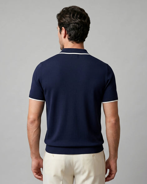 Men's Open-Collar Knit Polo Shirt Contrast Tipping Slim Fit Black White - Valedrian — view 14