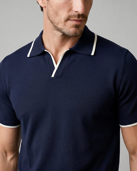 Men's Open-Collar Knit Polo Shirt Contrast Tipping Slim Fit Black White - Valedrian — view 15