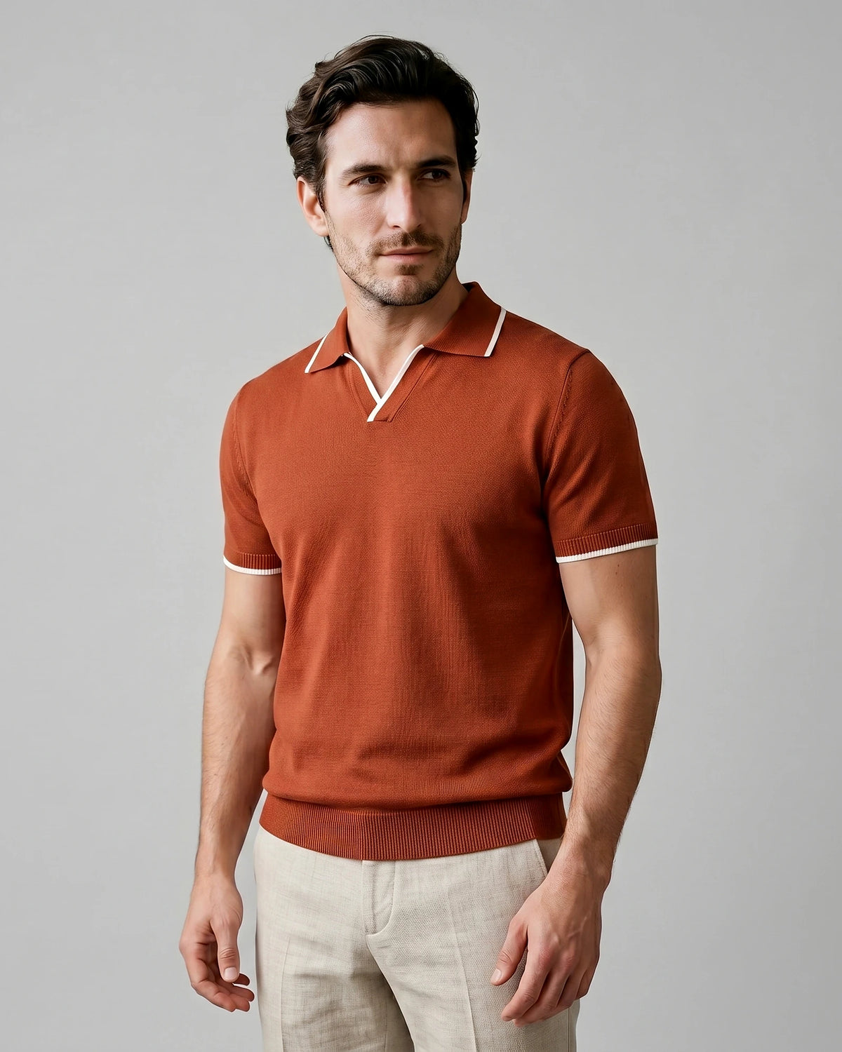 Men's Open-Collar Knit Polo Shirt Contrast Tipping Slim Fit Black White - Valedrian — view 17