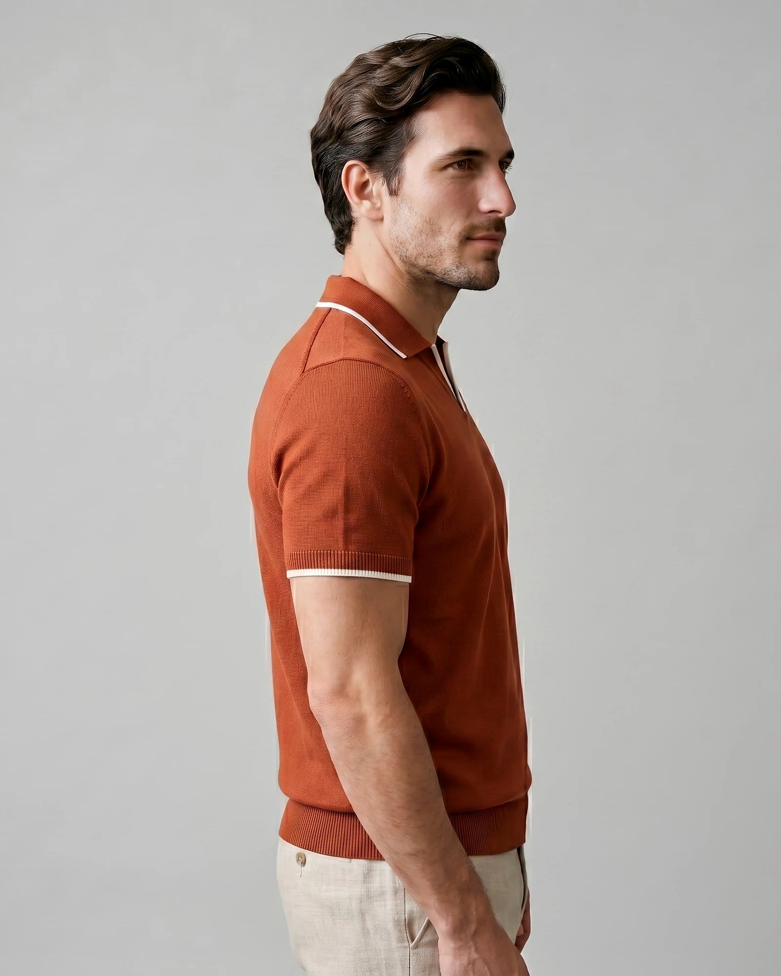 Men's Open-Collar Knit Polo Shirt Contrast Tipping Slim Fit Black White - Valedrian — view 18