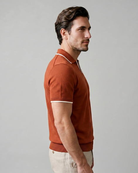 Men's Open-Collar Knit Polo Shirt Contrast Tipping Slim Fit Black White - Valedrian — view 18