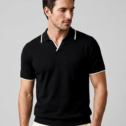 Men's Open-Collar Knit Polo Shirt Contrast Tipping Slim Fit Black White - Valedrian