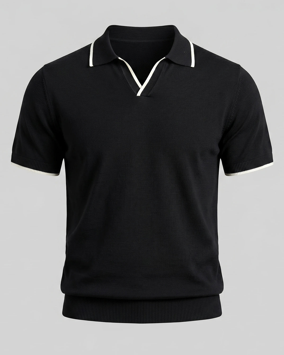 Men's Open-Collar Knit Polo Shirt Contrast Tipping Slim Fit Black White - Valedrian — view 2
