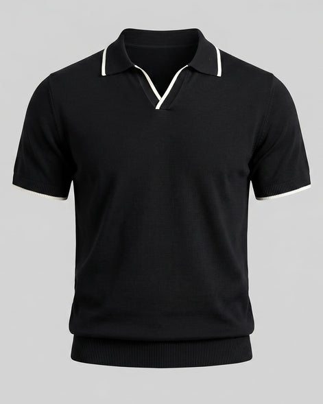 Men's Open-Collar Knit Polo Shirt Contrast Tipping Slim Fit Black White - Valedrian — view 2
