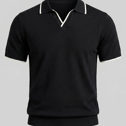 Men's Open-Collar Knit Polo Shirt Contrast Tipping Slim Fit Black White - Valedrian — view 2