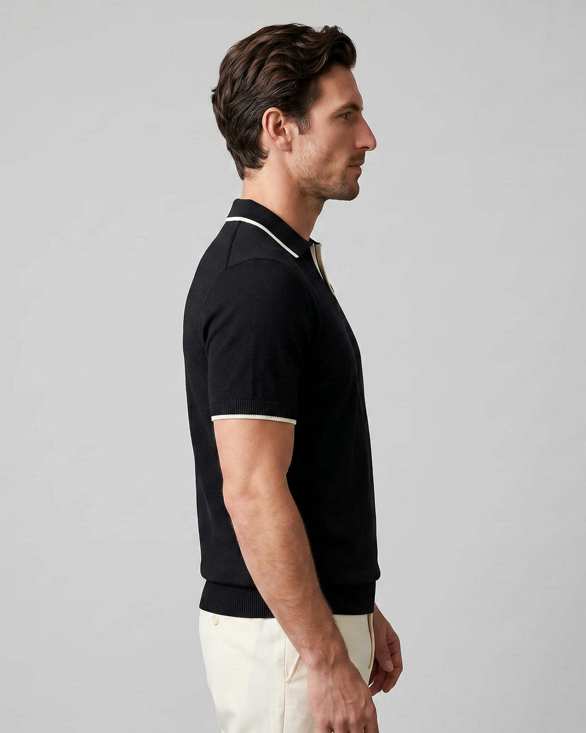 Men's Open-Collar Knit Polo Shirt Contrast Tipping Slim Fit Black White - Valedrian — view 3