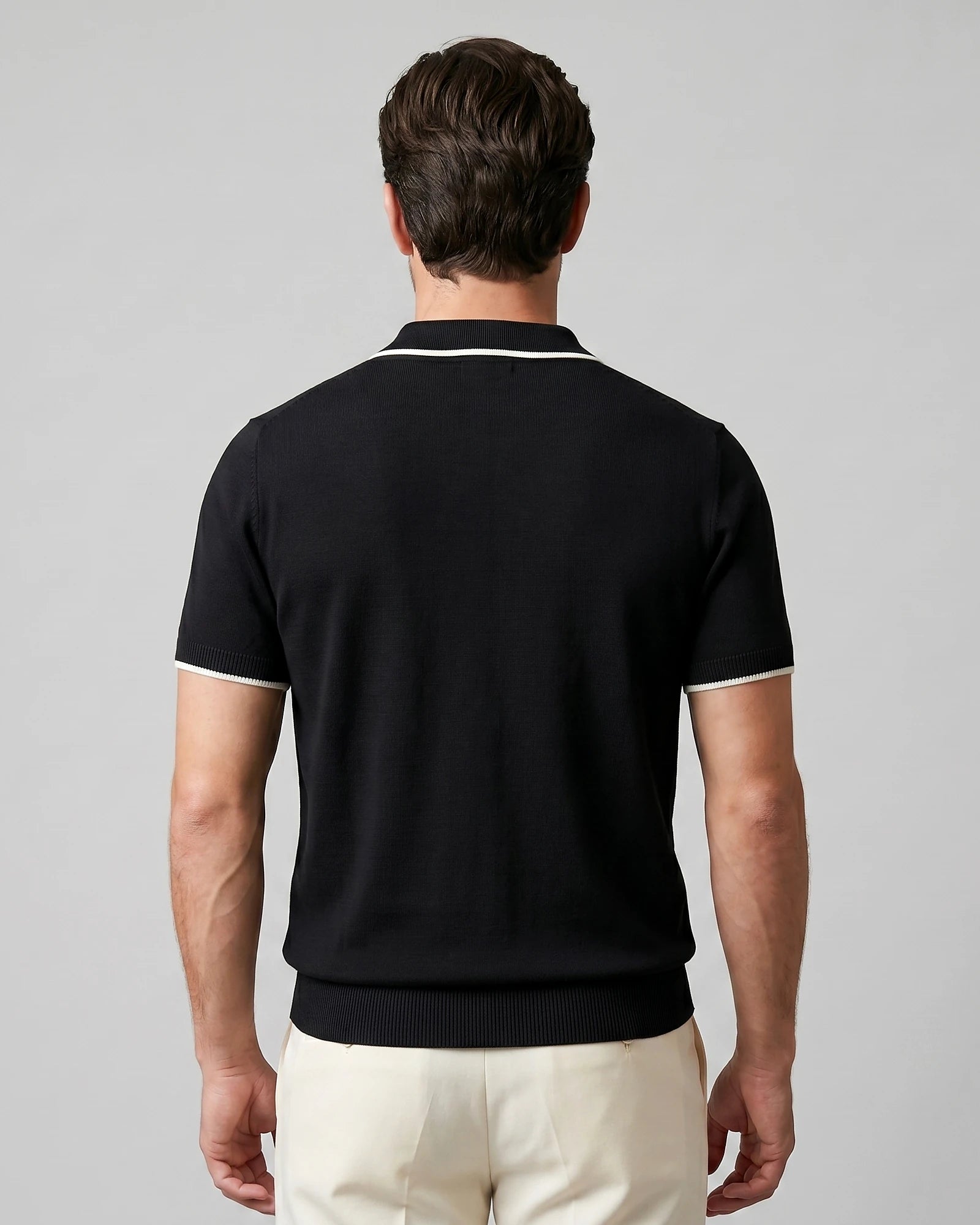 Men's Open-Collar Knit Polo Shirt Contrast Tipping Slim Fit Black White - Valedrian — view 4