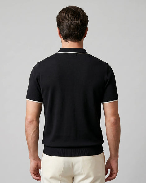 Men's Open-Collar Knit Polo Shirt Contrast Tipping Slim Fit Black White - Valedrian — view 4
