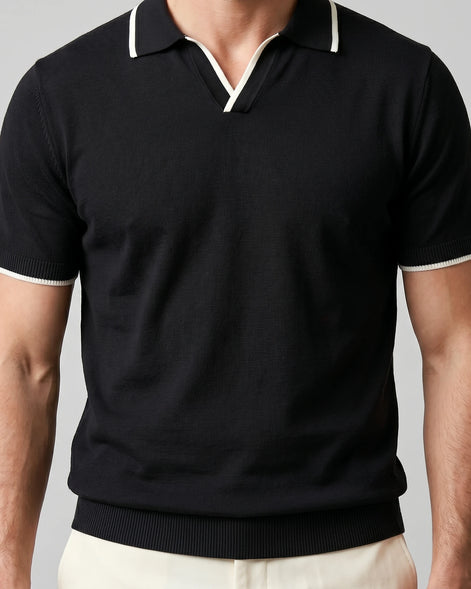 Men's Open-Collar Knit Polo Shirt Contrast Tipping Slim Fit Black White - Valedrian — view 5
