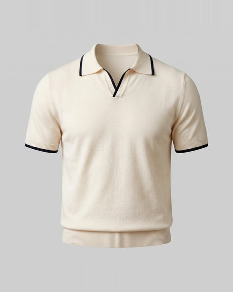 Men's Open-Collar Knit Polo Shirt Contrast Tipping Slim Fit Black White - Valedrian — view 6