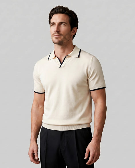 Men's Open-Collar Knit Polo Shirt Contrast Tipping Slim Fit Black White - Valedrian — view 7