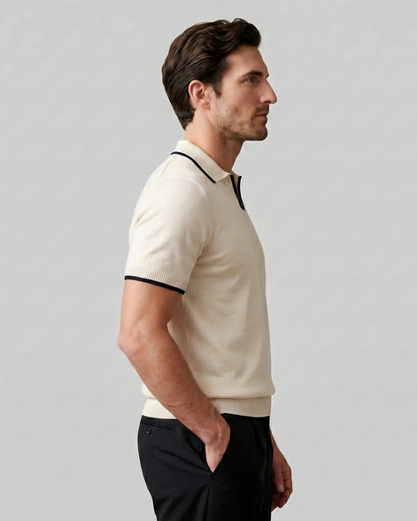 Men's Open-Collar Knit Polo Shirt Contrast Tipping Slim Fit Black White - Valedrian — view 8