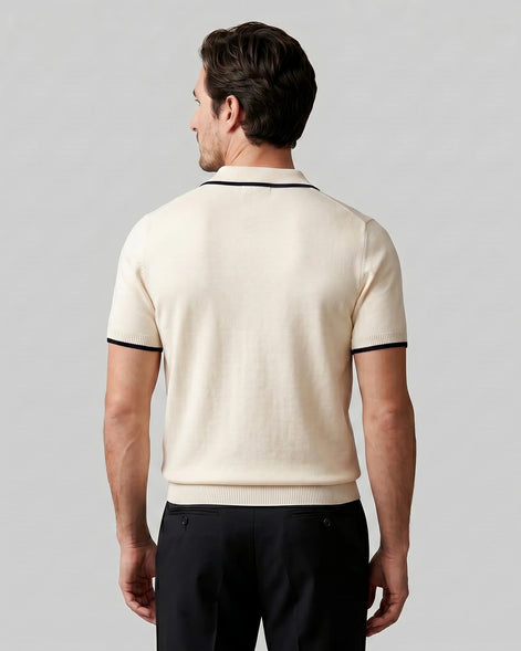 Men's Open-Collar Knit Polo Shirt Contrast Tipping Slim Fit Black White - Valedrian — view 9
