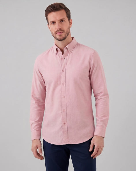 Men's Oxford Button-Down Shirt Cotton Weave Regular Fit Beige & Pink - Valedrian — view 13