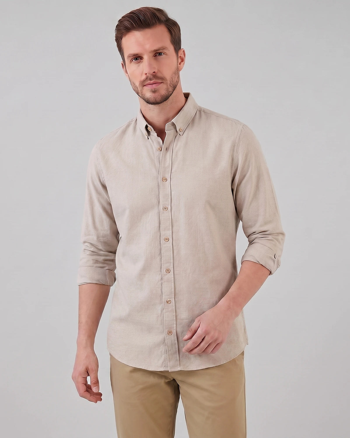 Men's Oxford Button-Down Shirt Cotton Weave Regular Fit Beige & Pink - Valedrian — view 9