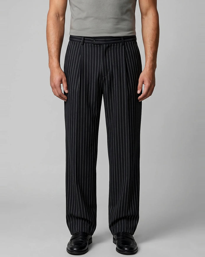 Men's Pinstripe Wide Leg Trousers Woven Blend Black S–2XL - Valedrian