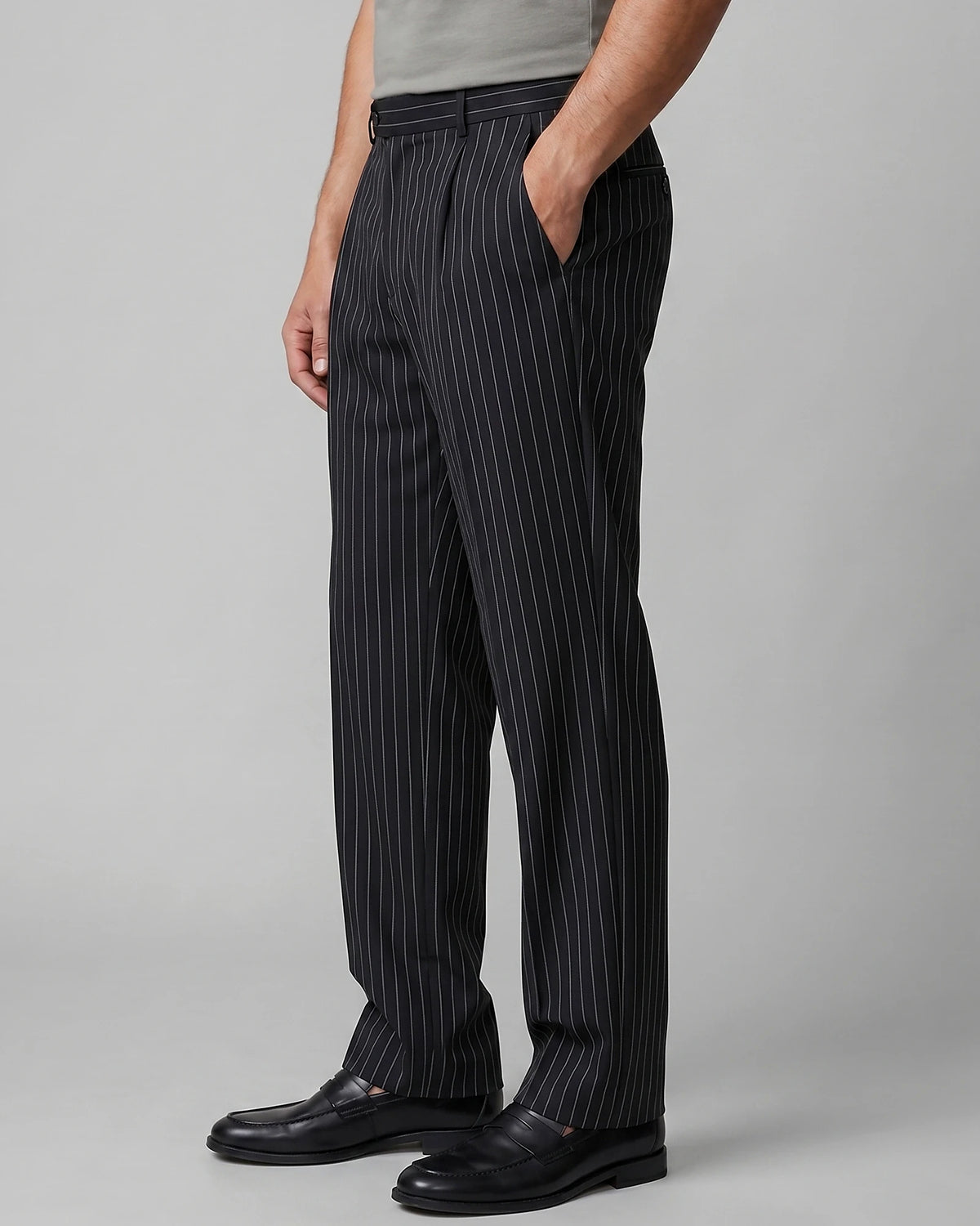 Men's Pinstripe Wide Leg Trousers Woven Blend Black S–2XL - Valedrian — view 2