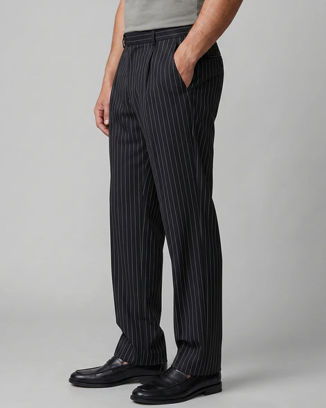 Men's Pinstripe Wide Leg Trousers Woven Blend Black S–2XL - Valedrian — view 2