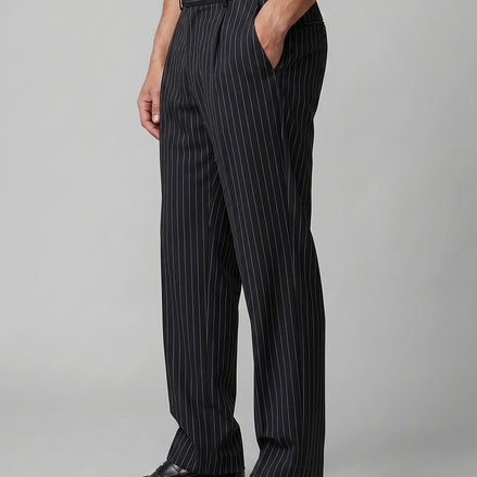 Men's Pinstripe Wide Leg Trousers Woven Blend Black S–2XL - Valedrian — view 2