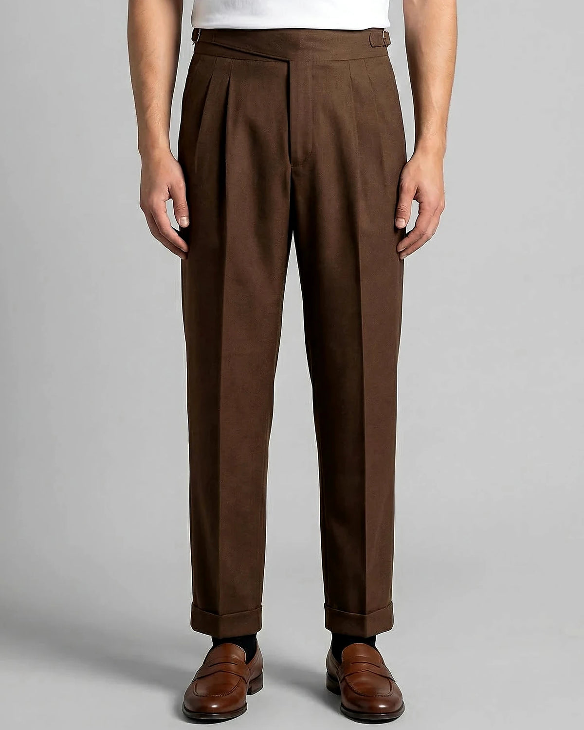 Men's Pleated Trousers Brown Straight Leg Woven Fabric Sizes 28–36 – Valedrian