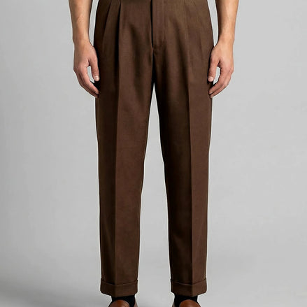 Men's Pleated Trousers Brown Straight Leg Woven Fabric Sizes 28–36 – Valedrian
