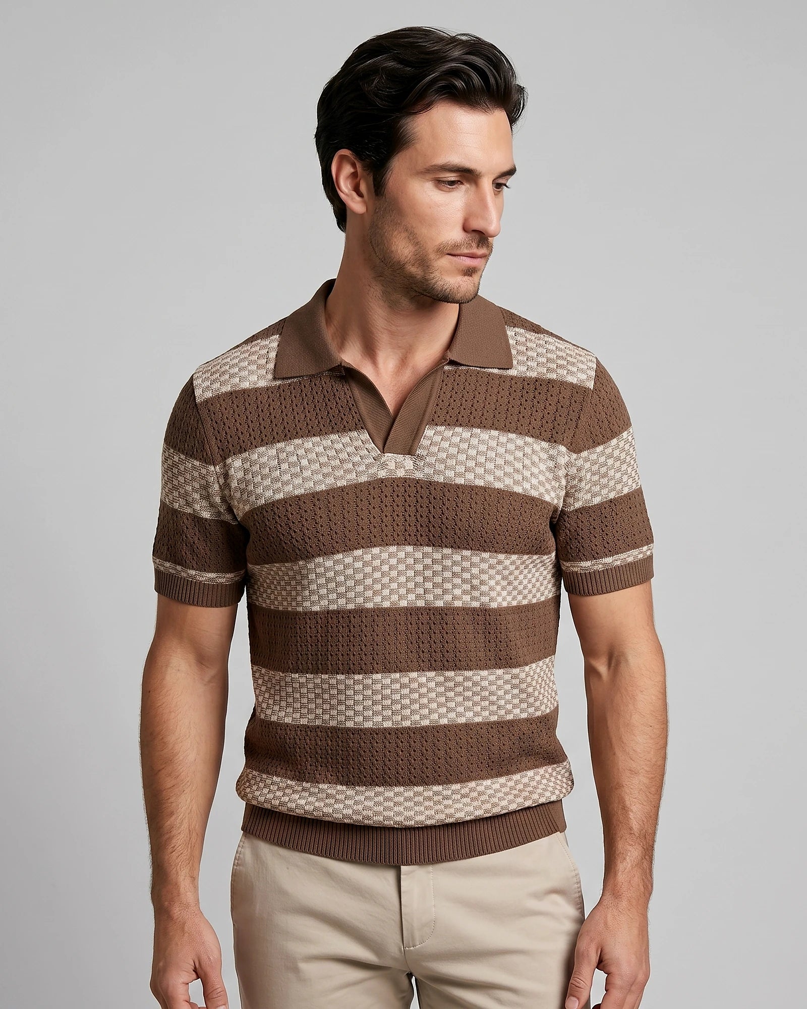 Men's Polo Shirt Stripe Jacquard Knit Open Neck Regular Fit - Valedrian — view 12