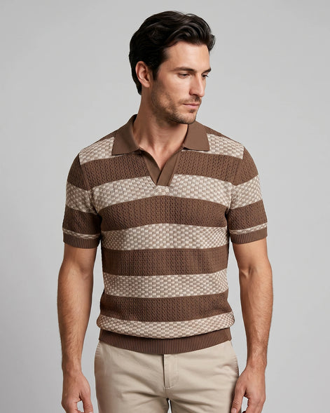 Men's Polo Shirt Stripe Jacquard Knit Open Neck Regular Fit - Valedrian — view 12
