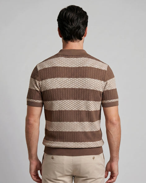 Men's Polo Shirt Stripe Jacquard Knit Open Neck Regular Fit - Valedrian — view 14