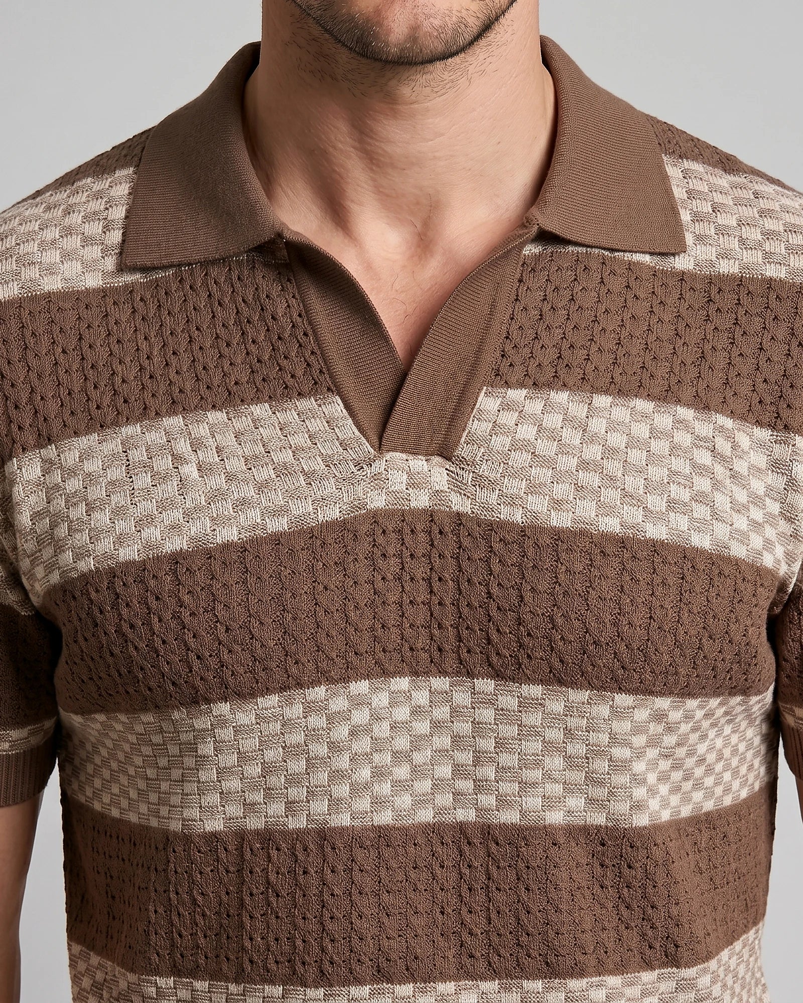 Men's Polo Shirt Stripe Jacquard Knit Open Neck Regular Fit - Valedrian — view 15