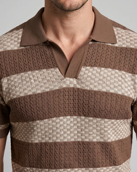 Men's Polo Shirt Stripe Jacquard Knit Open Neck Regular Fit - Valedrian — view 15