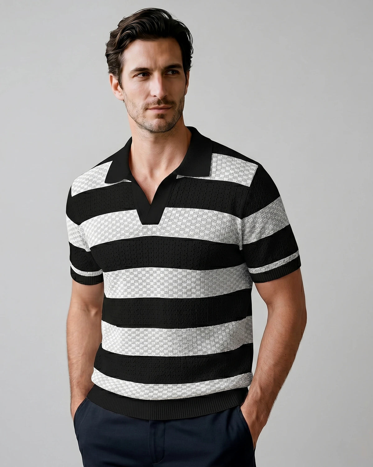 Men's Polo Shirt Stripe Jacquard Knit Open Neck Regular Fit - Valedrian — view 17