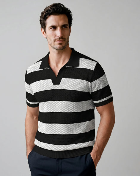 Men's Polo Shirt Stripe Jacquard Knit Open Neck Regular Fit - Valedrian — view 17