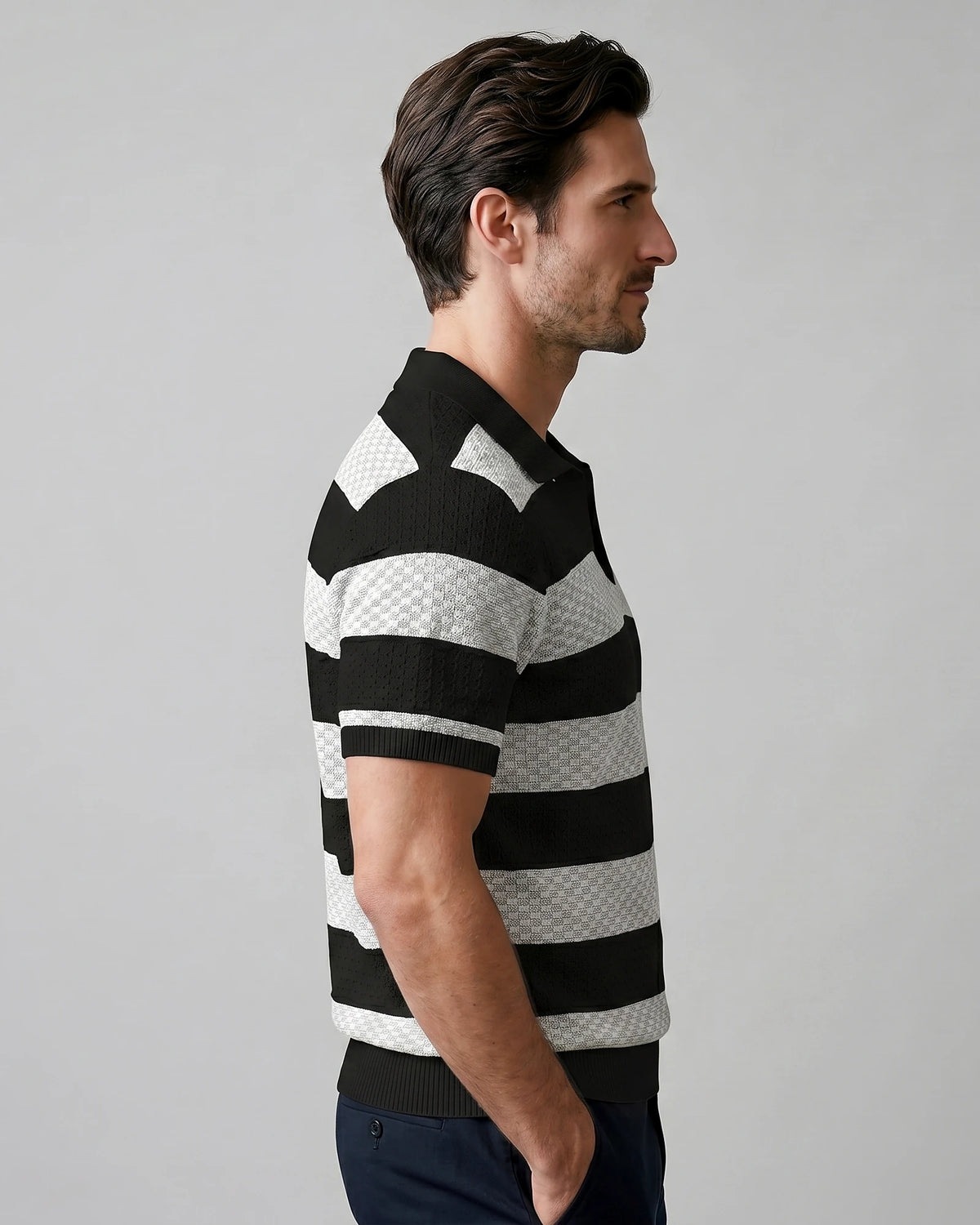 Men's Polo Shirt Stripe Jacquard Knit Open Neck Regular Fit - Valedrian — view 18