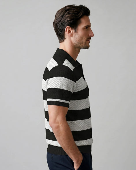 Men's Polo Shirt Stripe Jacquard Knit Open Neck Regular Fit - Valedrian — view 18