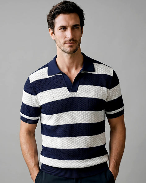 Men's Polo Shirt Stripe Jacquard Knit Open Neck Regular Fit - Valedrian