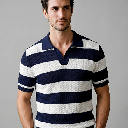 Men's Polo Shirt Stripe Jacquard Knit Open Neck Regular Fit - Valedrian