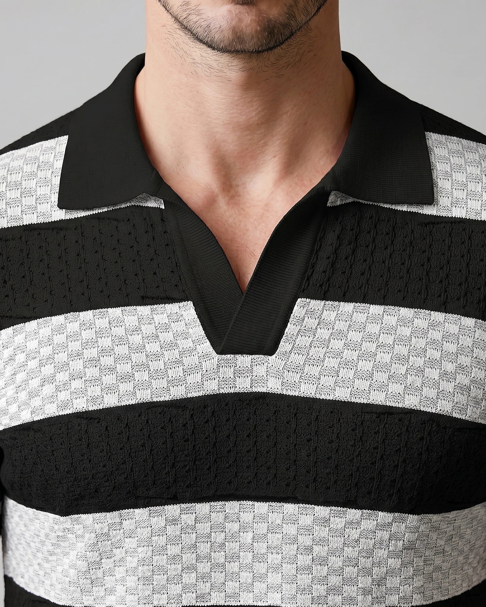 Men's Polo Shirt Stripe Jacquard Knit Open Neck Regular Fit - Valedrian — view 20