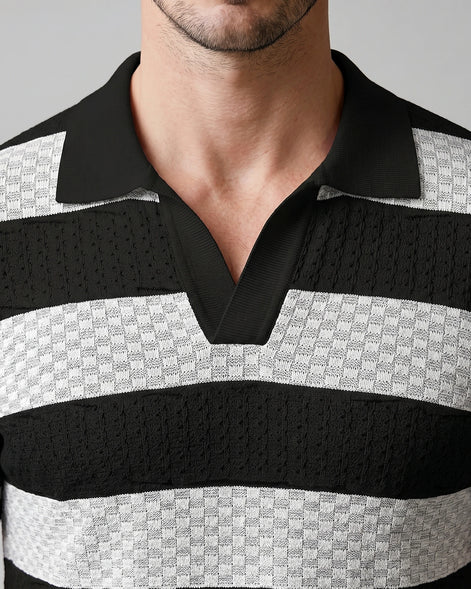 Men's Polo Shirt Stripe Jacquard Knit Open Neck Regular Fit - Valedrian — view 20