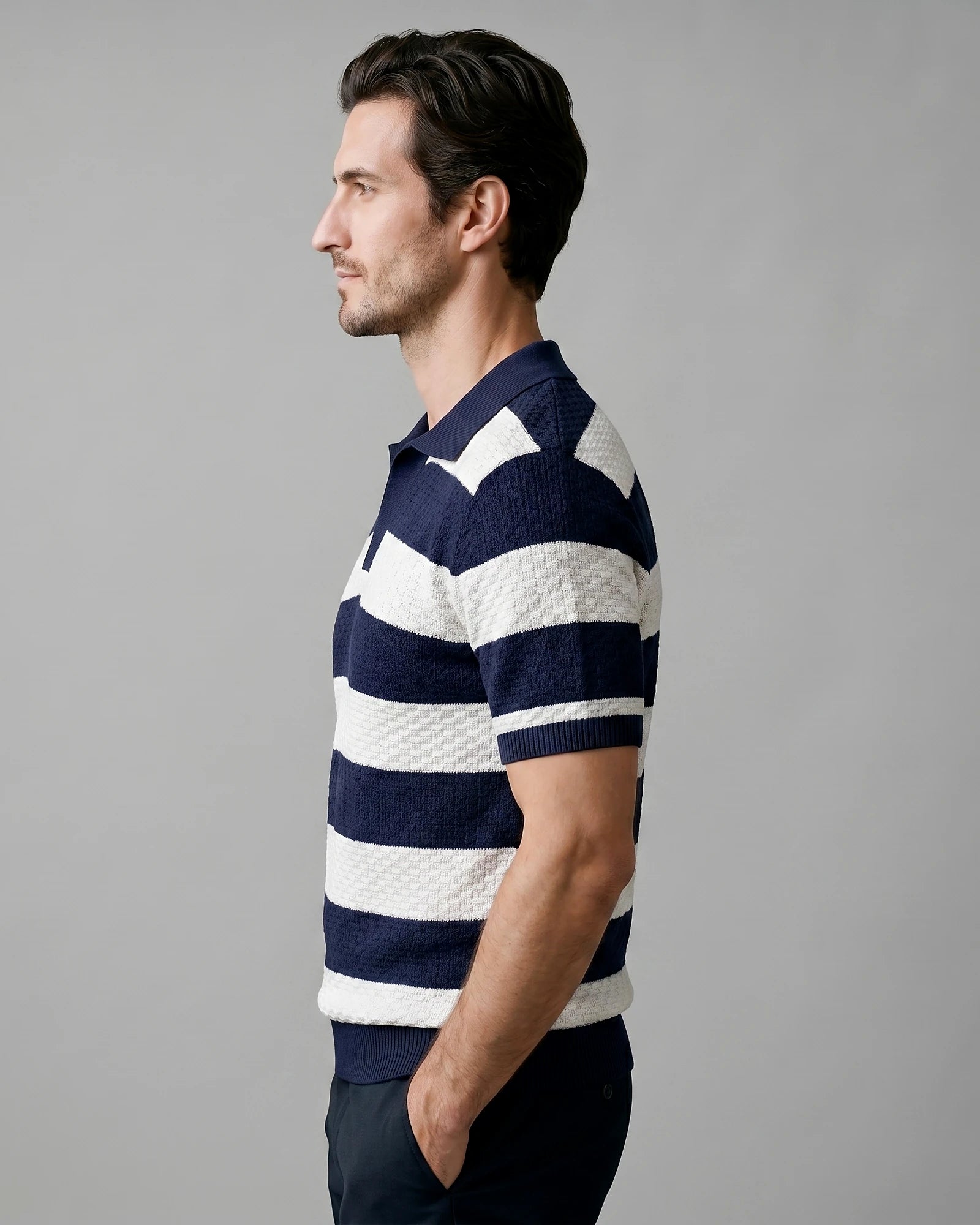 Men's Polo Shirt Stripe Jacquard Knit Open Neck Regular Fit - Valedrian — view 3
