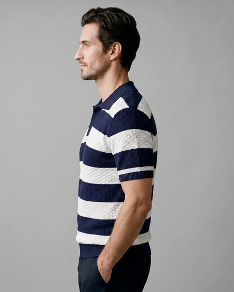 Men's Polo Shirt Stripe Jacquard Knit Open Neck Regular Fit - Valedrian — view 3