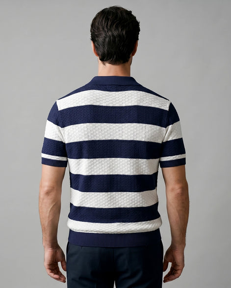 Men's Polo Shirt Stripe Jacquard Knit Open Neck Regular Fit - Valedrian — view 4