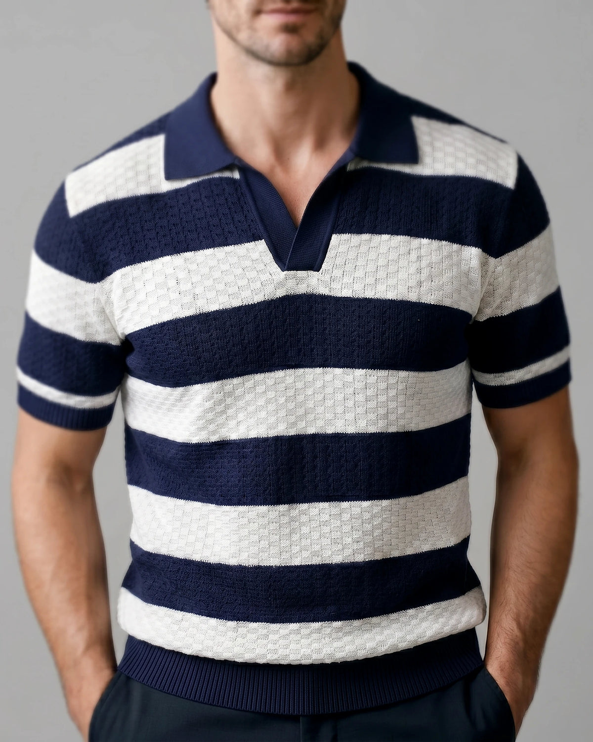 Men's Polo Shirt Stripe Jacquard Knit Open Neck Regular Fit - Valedrian — view 5