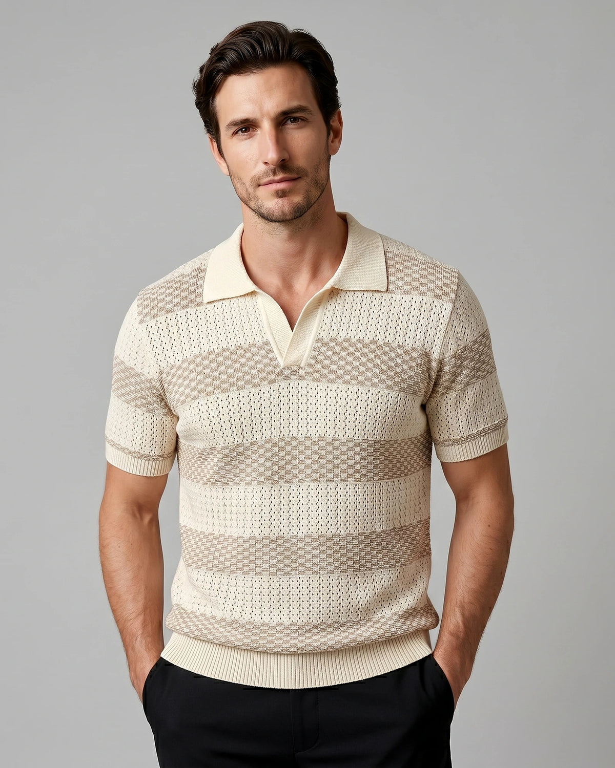 Men's Polo Shirt Stripe Jacquard Knit Open Neck Regular Fit - Valedrian — view 7