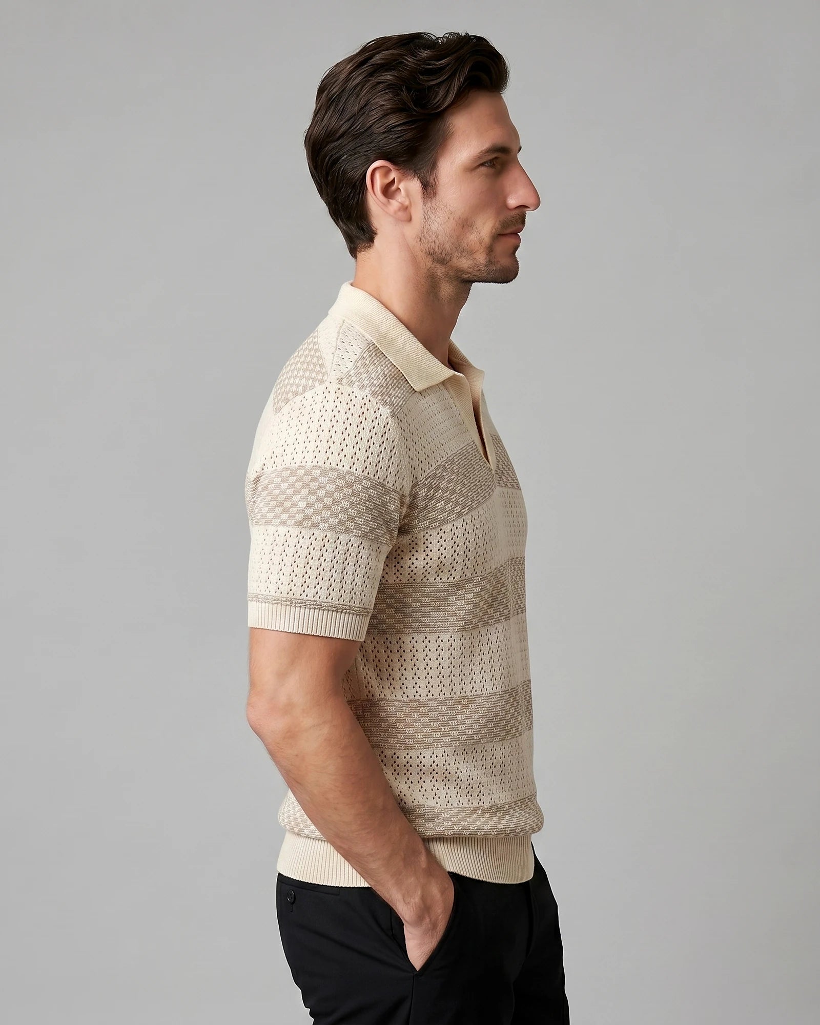 Men's Polo Shirt Stripe Jacquard Knit Open Neck Regular Fit - Valedrian — view 8