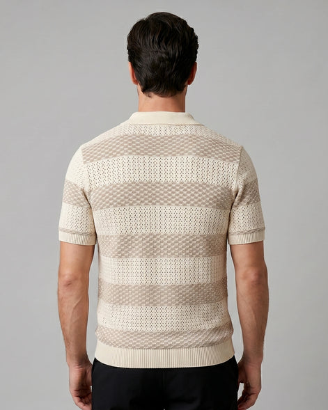 Men's Polo Shirt Stripe Jacquard Knit Open Neck Regular Fit - Valedrian — view 9
