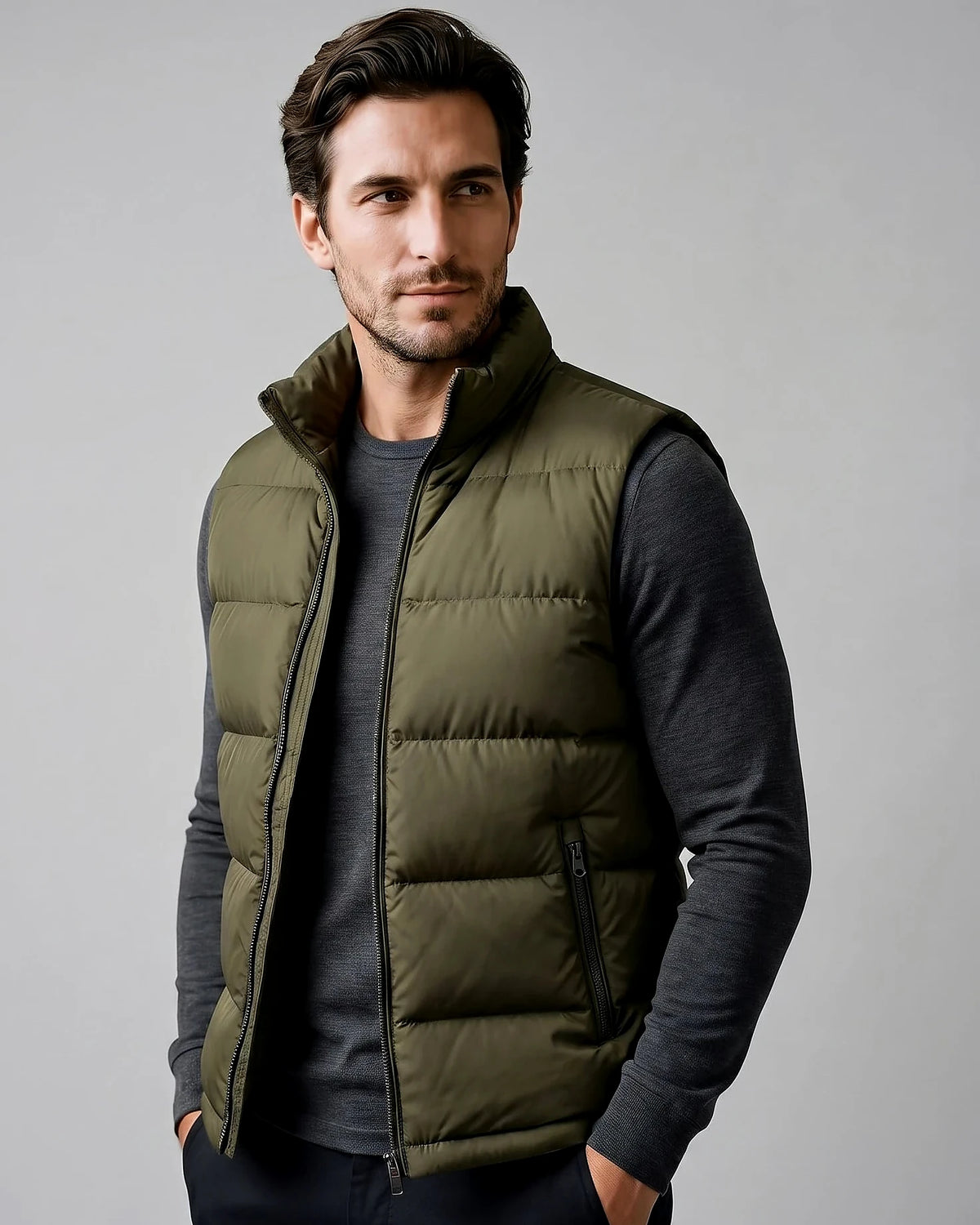 Men's Quilted Padded Gilet Stand Collar Full-Zip Green - Valedrian