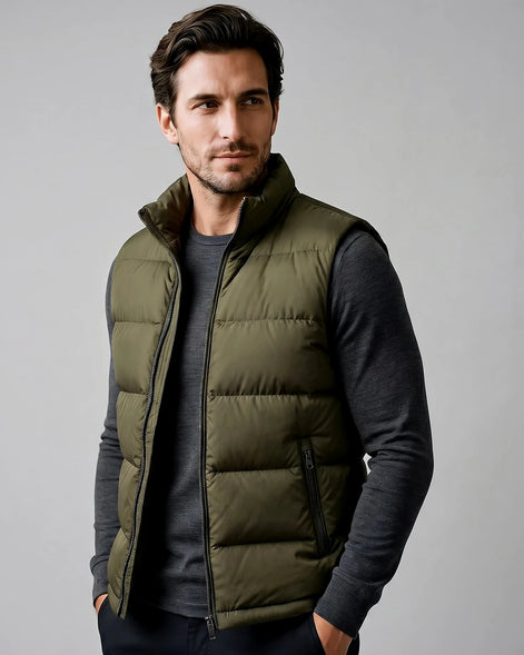 Men's Quilted Padded Gilet Stand Collar Full-Zip Green - Valedrian