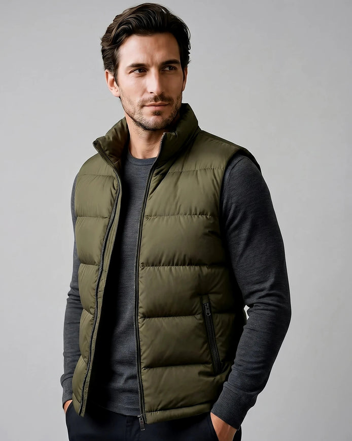 Men's Quilted Padded Gilet Stand Collar Full-Zip Green - Valedrian