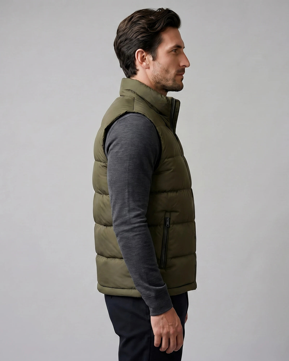 Men's Quilted Padded Gilet Stand Collar Full-Zip Green - Valedrian — view 2
